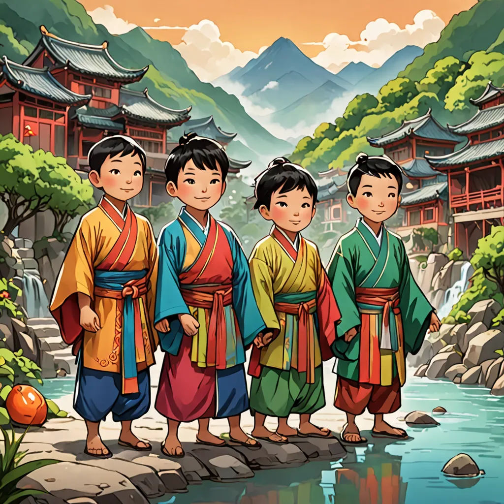a group of asian children standing next to each other near a river and mountains with a waterfall in the background, Brothers Hildebrandt, lyco art, concept art, official art