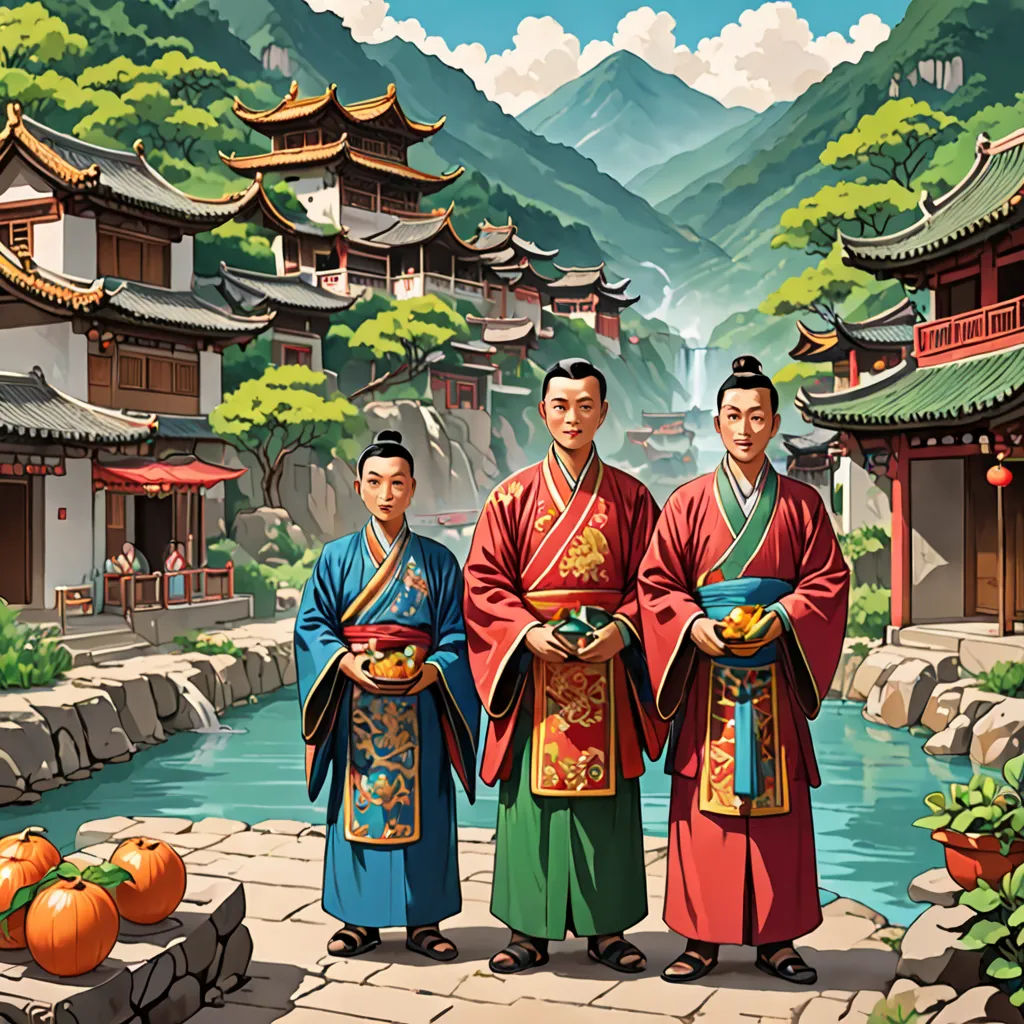 a painting of three asian men standing in front of a river and mountains with a waterfall in the background, Christophe Vacher, cloisonnism, a detailed matte painting, rossdraws global illumination