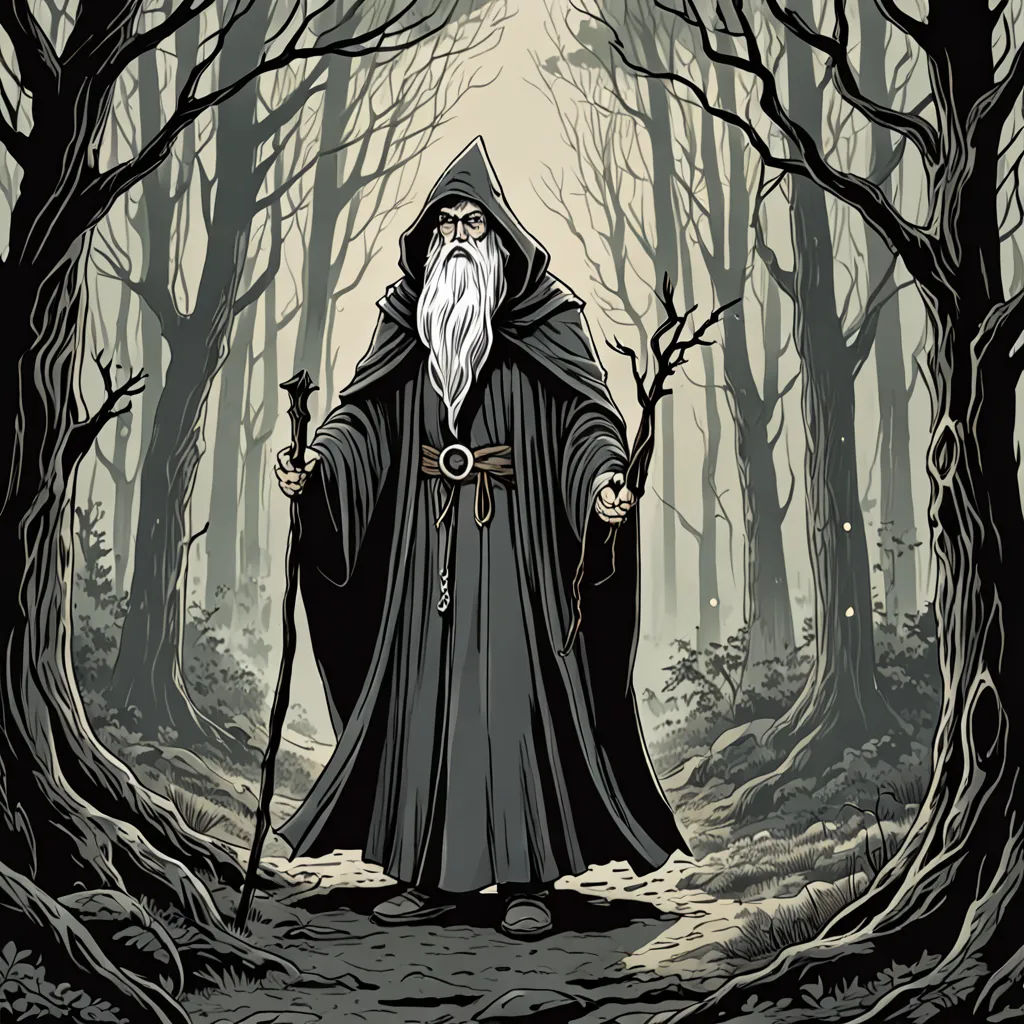 a wizard with a staff in a forest with trees and branches, holding a staff, and looking at the viewer, Dan Mumford, gothic art, a woodcut, epic fantasy character art