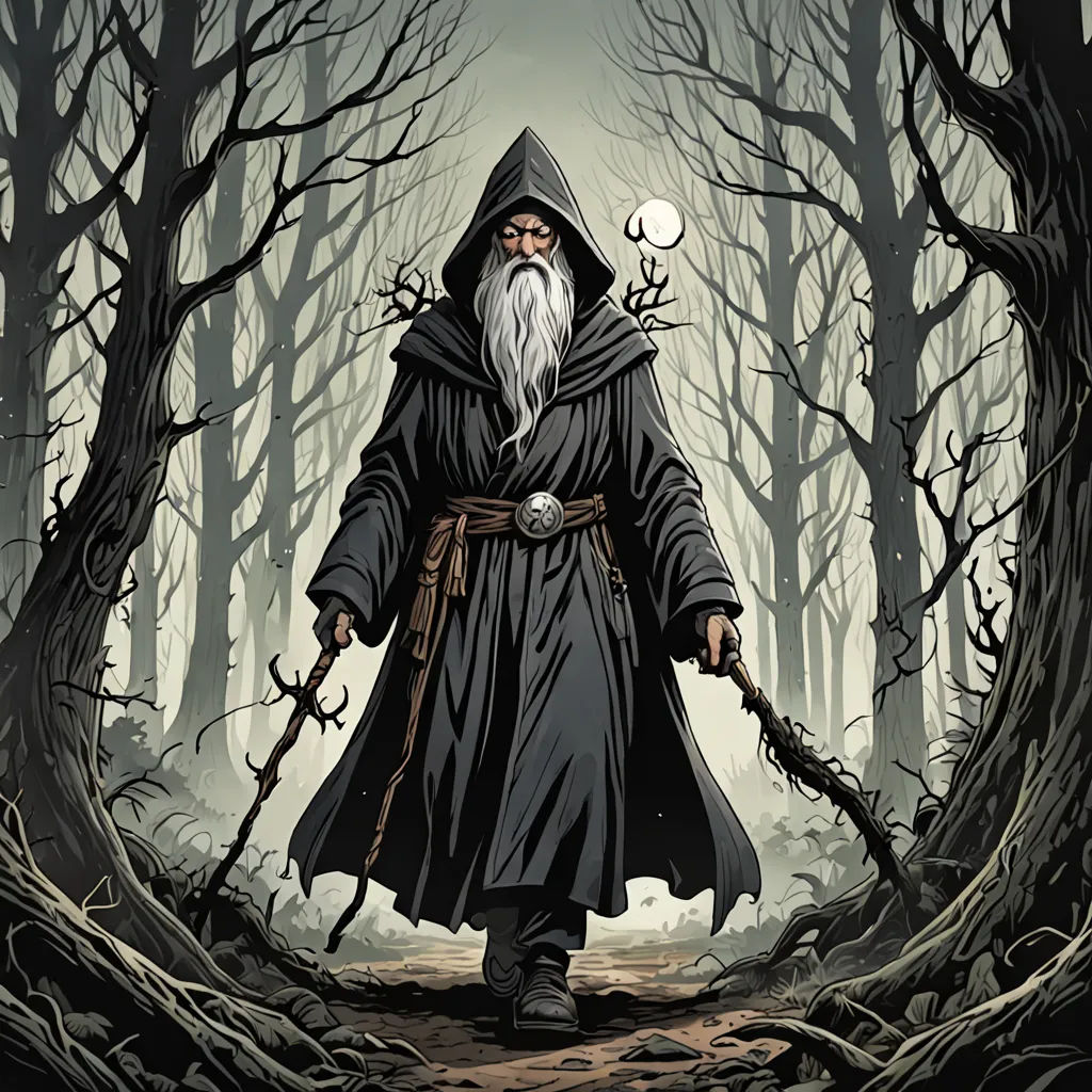 a wizard walking through a forest with a wand in his hand and a ball in his hand in his hand, Dan Mumford, fantasy art, a character portrait, epic fantasy character art