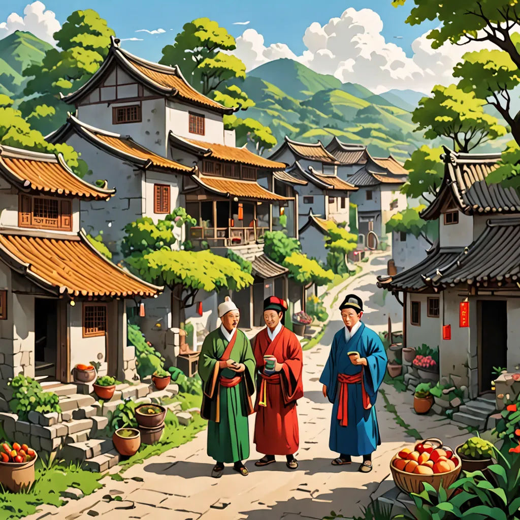 a painting of a couple of people walking down a street next to a mountain range with trees and flowers, Chris LaBrooy, naive art, a detailed matte painting, highly detailed digital painting