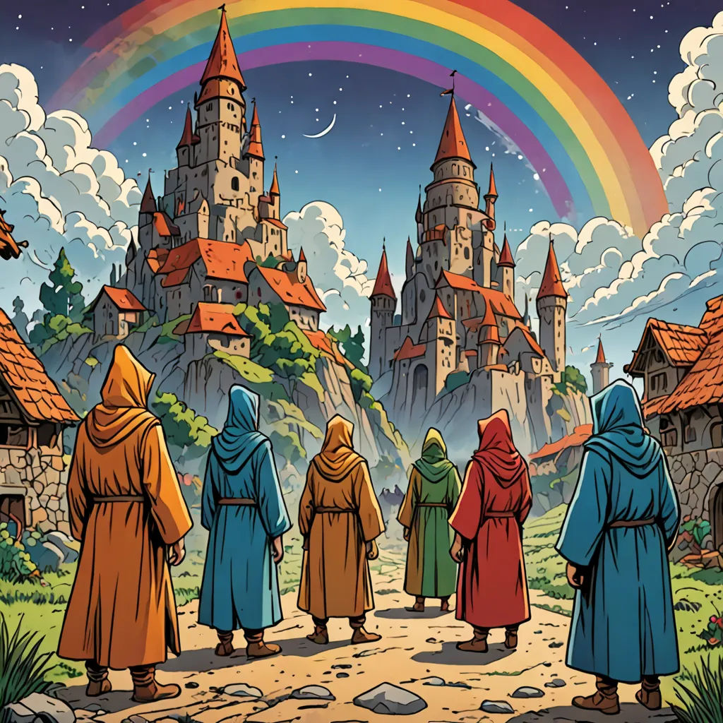 a group of people standing in front of a castle under a rainbow colored sky with a rainbow in the background, Brothers Hildebrandt, fantasy art, a storybook illustration, comic cover art