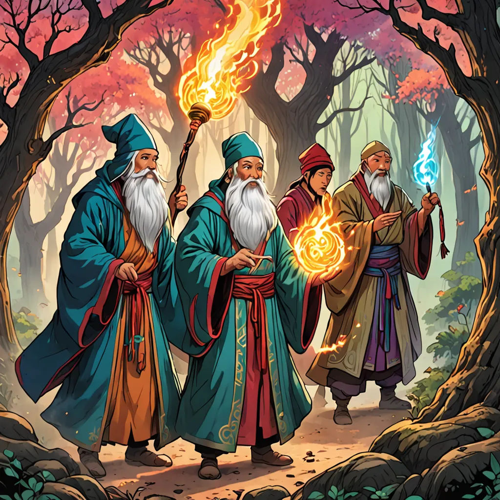 three men in robes holding torches in a forest with trees and rocks in the background, with a fire in the middle, Brothers Hildebrandt, fantasy art, a storybook illustration, fantasy illustration