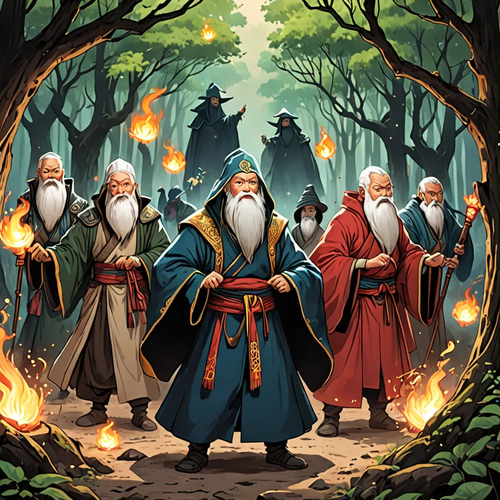a group of wizard's standing in a forest with fire in their hands and a fire in their hand, Dan Mumford, fantasy art, concept art, fantasy illustration
