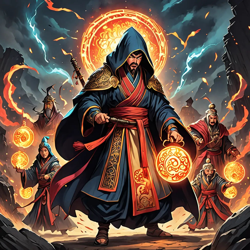 a man in a blue robe holding a gold coin in front of a group of men in red robes, Du Jin, fantasy art, a detailed painting, magic the gathering artwork