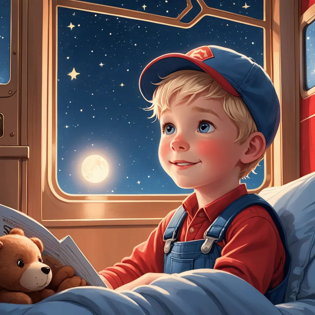 a boy in a baseball cap is reading a book in bed with a teddy bear in his lap and a window with stars, space art, a storybook illustration, Diego Gisbert Llorens, storybook illustration