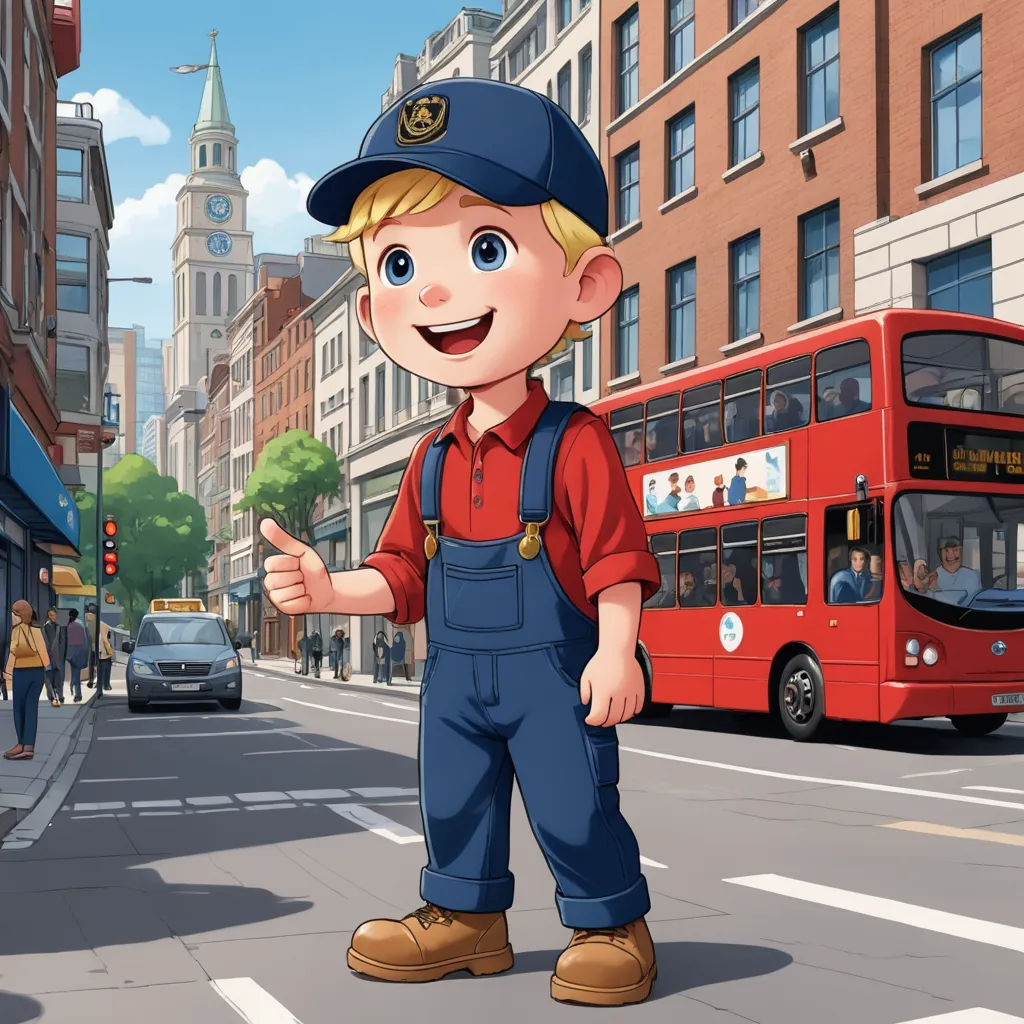 a cartoon boy in overalls and a hat is pointing at a bus on the street with a red double decker bus in the background, lyco art, a storybook illustration, Cliff Childs, city background