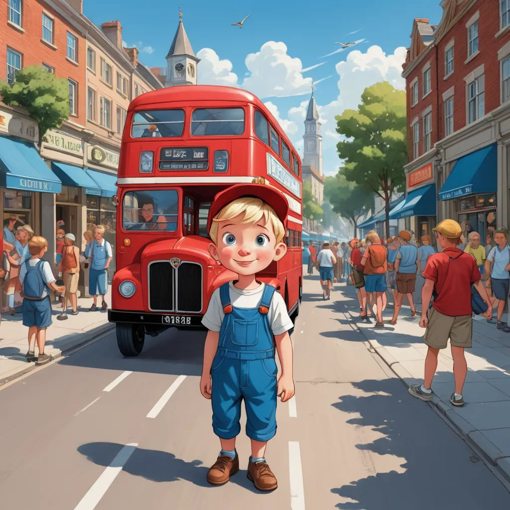 a cartoon boy standing in front of a red bus on a city street with people walking around him and a red double decker bus, magical realism, a storybook illustration, Bob Byerley, storybook illustration