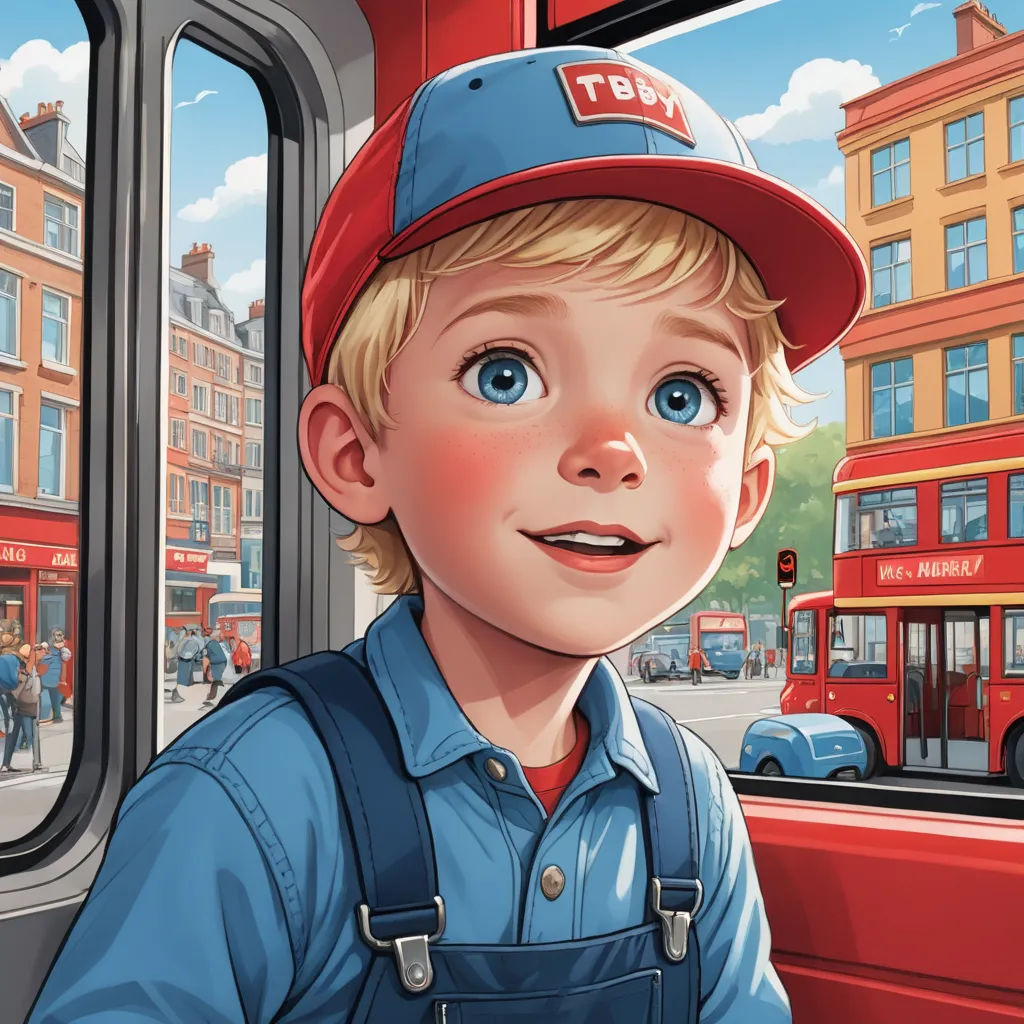 a boy in a red hat is looking out a window at a red bus and buildings in the background, photorealism, a storybook illustration, Bob Byerley, highly detailed digital painting