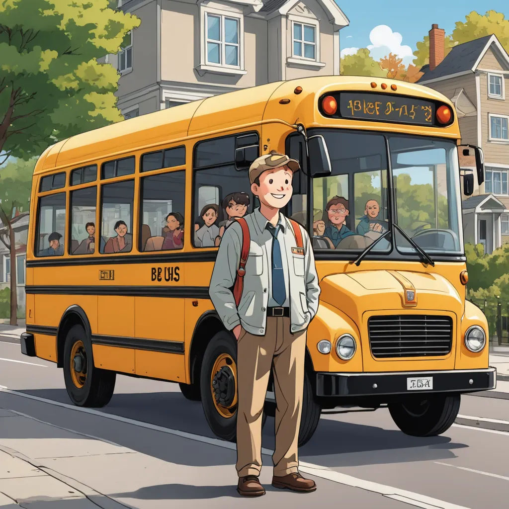 a man standing in front of a yellow bus on a street with a group of people behind him and a building in the background, american scene painting, a storybook illustration, F Scott Hess, official art