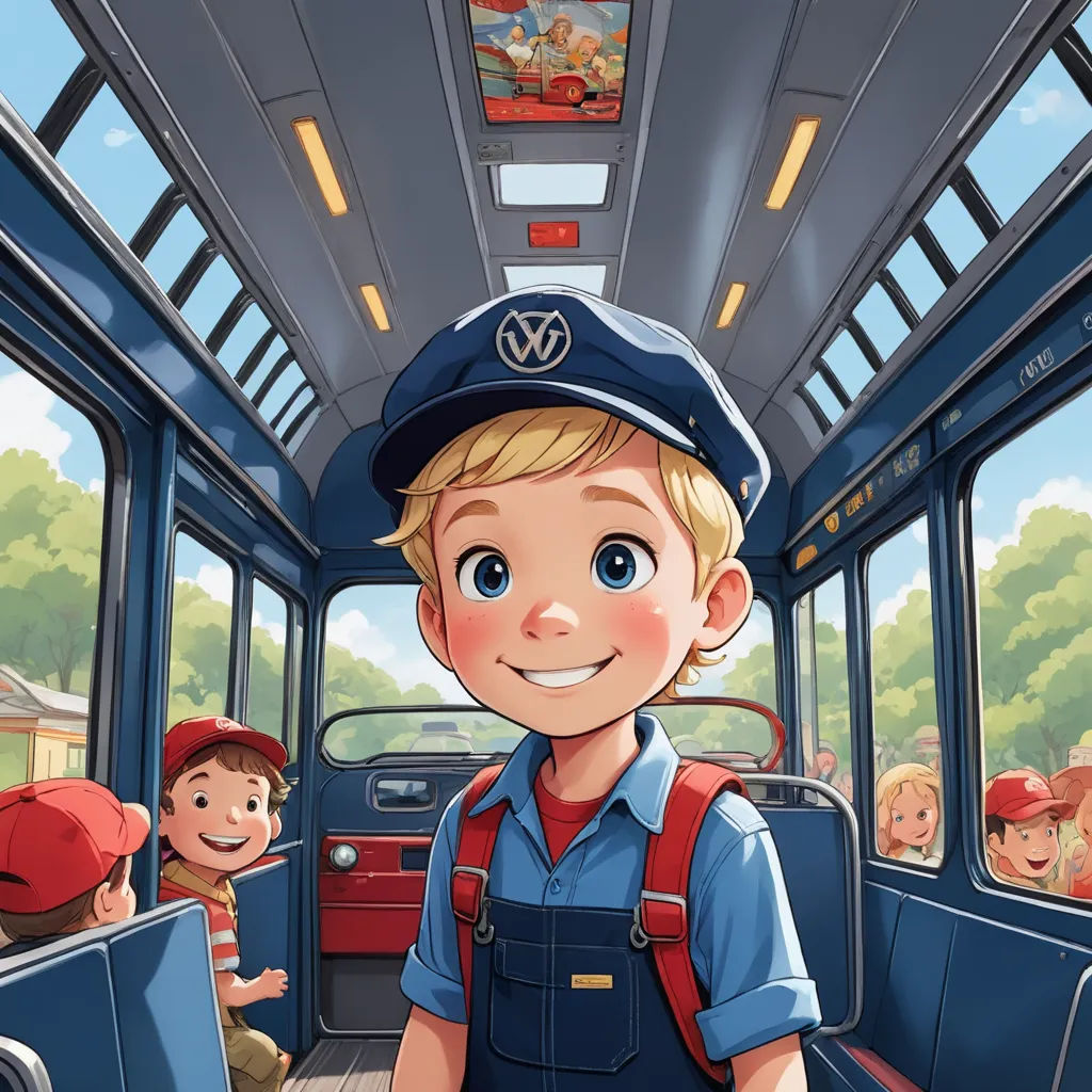 a boy in a blue uniform is standing on a bus with a boy in a red hat and a boy in a blue shirt, magical realism, a storybook illustration, Diego Gisbert Llorens, storybook illustration
