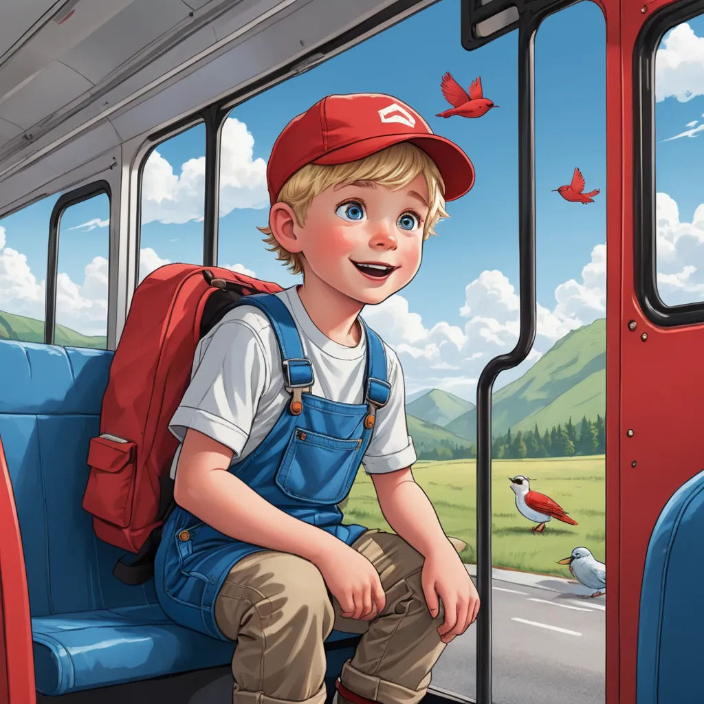 a boy with a backpack sitting on a bus looking out the window at a bird flying by him and a bird flying by him, photorealism, a storybook illustration, Chris LaBrooy, cushart krenz