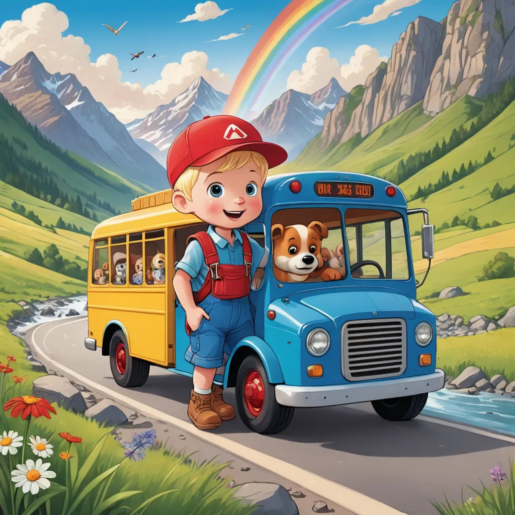 a boy and his dog are riding on a school bus in the mountains with a rainbow in the background, sots art, a storybook illustration, Chris LaBrooy, storybook illustration