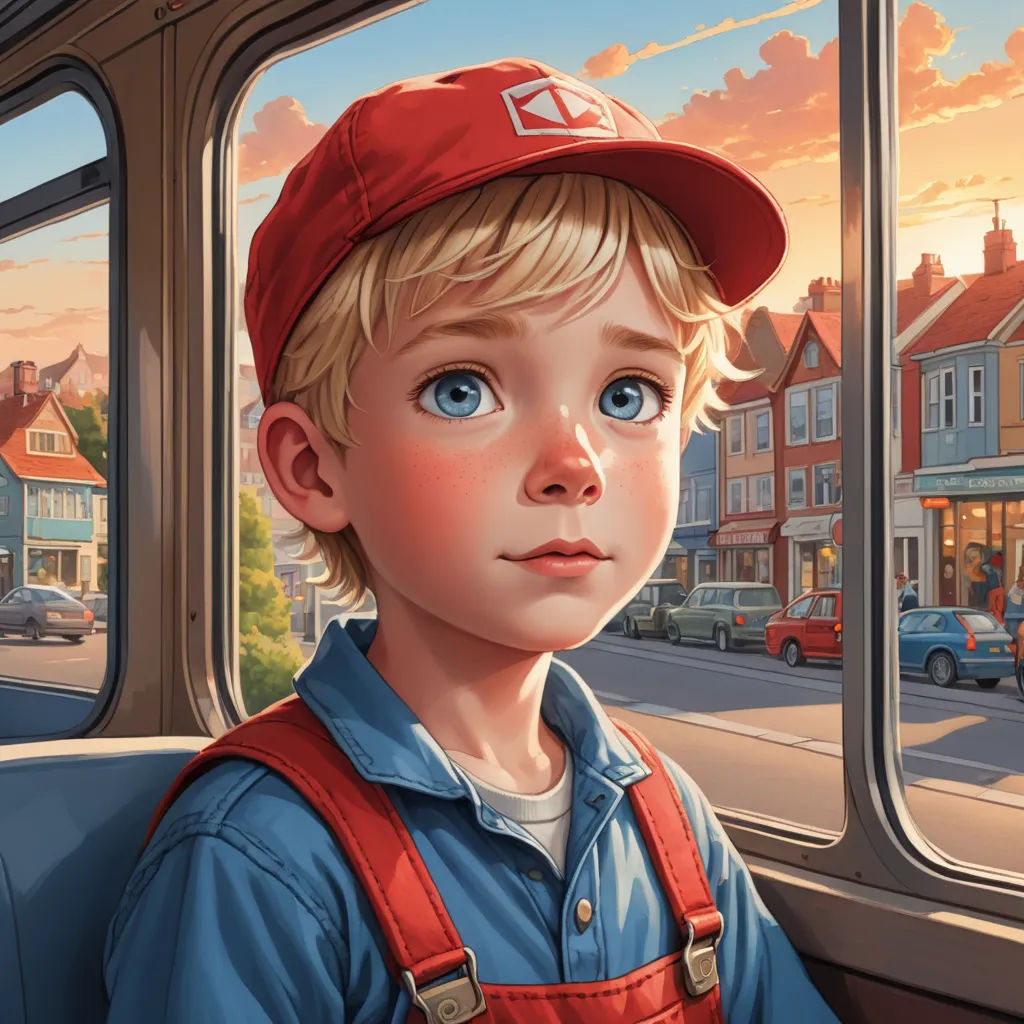 a boy in a red hat looking out a window at a street with cars and buildings in the background, photorealism, a detailed painting, Aaron Jasinski, highly detailed digital painting
