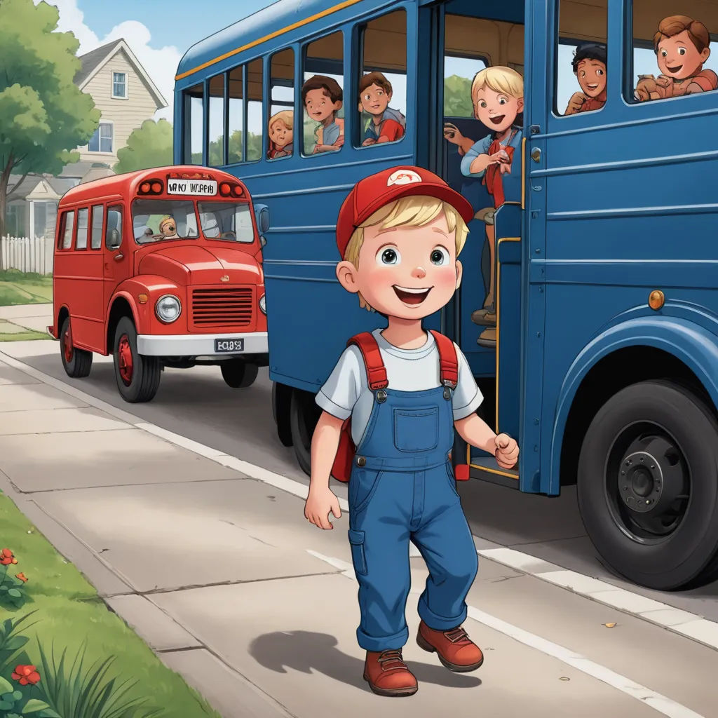a boy is walking towards a bus with a bunch of kids on it's back and a red truck behind him, magical realism, a storybook illustration, Bob Byerley, storybook illustration