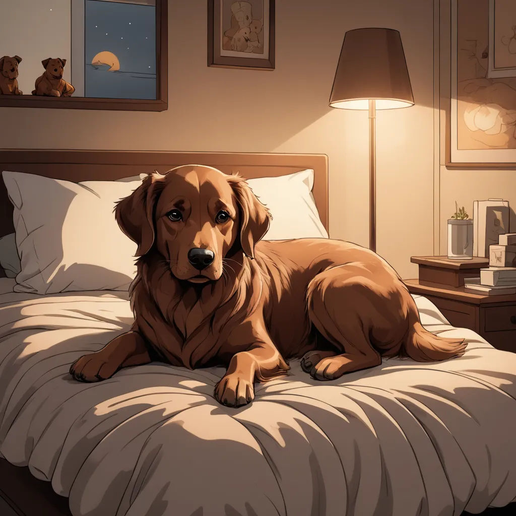 a dog laying on a bed in a bedroom with a lamp on the side of the bed and a teddy bear on the wall, furry art, a comic book panel, Atey Ghailan, warm lighting