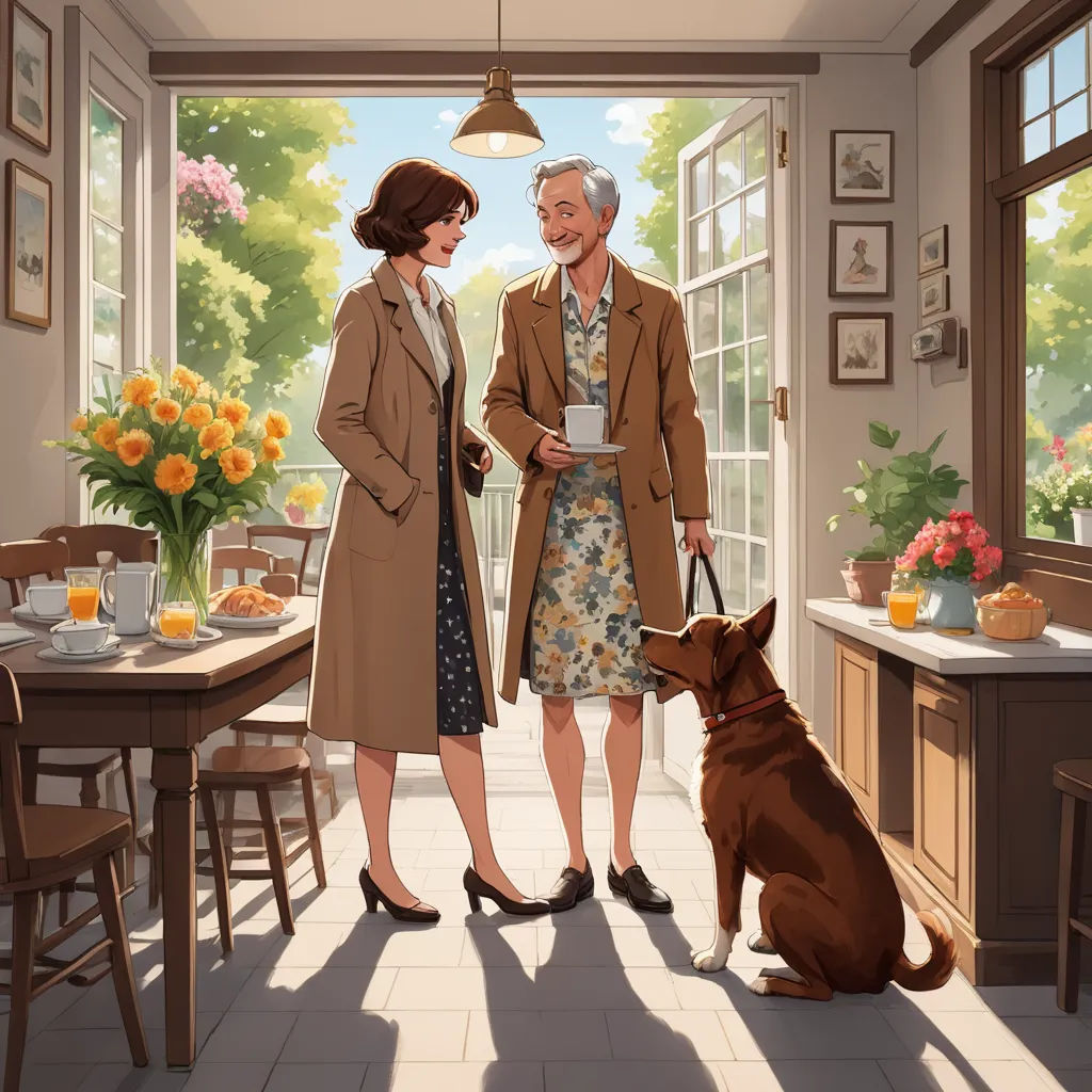 a painting of a man and woman standing in a kitchen with a dog on the floor and a table with a vase of flowers, fantastic realism, a storybook illustration, Colin Middleton, official art