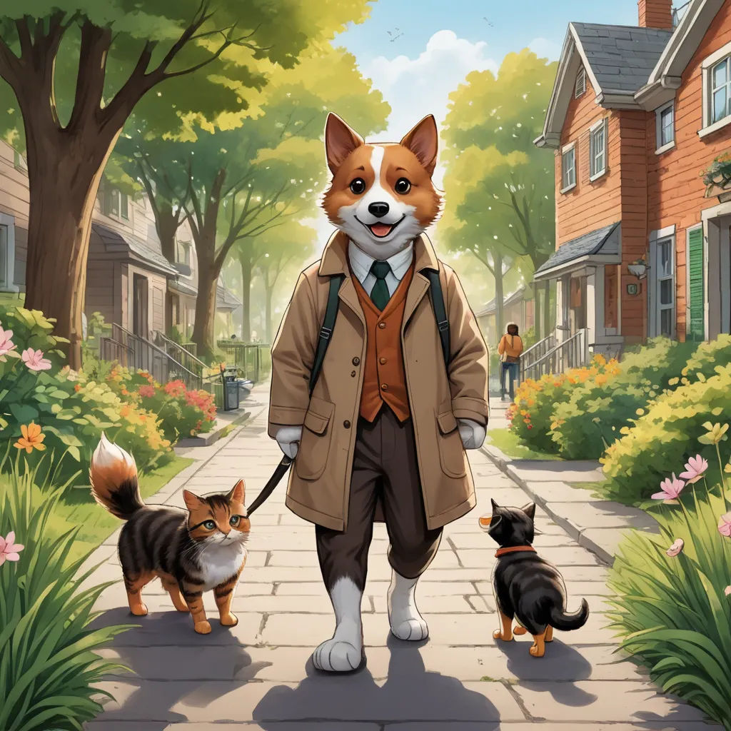a dog and a cat are walking down a sidewalk with a man in a coat and tie and a dog on a leash, furry art, a character portrait, Chris LaBrooy, key art