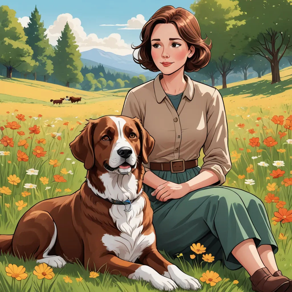 a woman sitting in a field with a dog next to her on a sunny day with flowers in the foreground, american scene painting, a storybook illustration, Elinor Proby Adams, official art