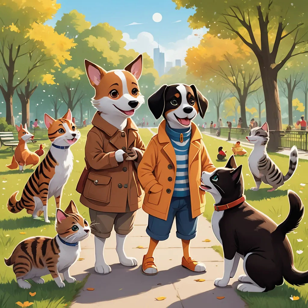 a painting of a boy and two dogs and cats in a park with trees and people in the background, american scene painting, a storybook illustration, F Scott Hess, official art