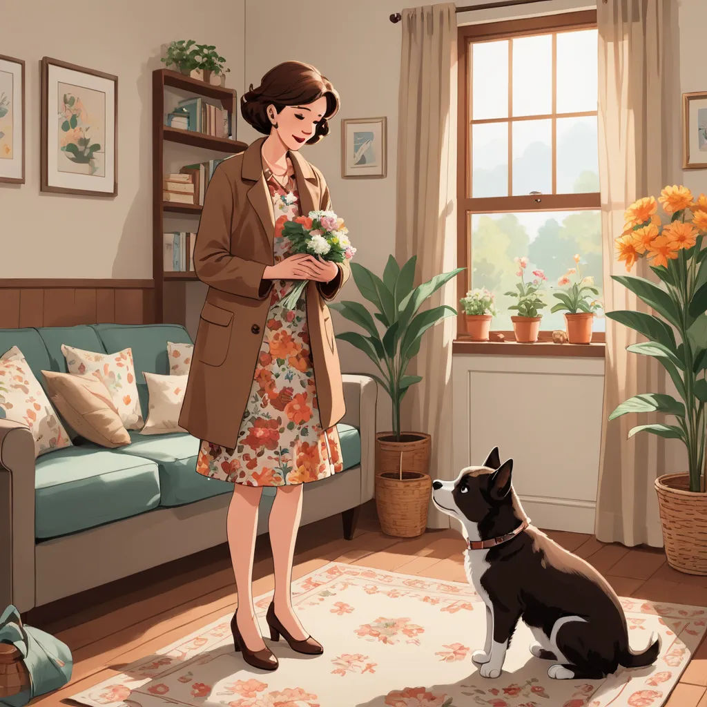 a woman in a living room with a dog and a flower bouquet in her hand and a cat sitting on the floor, american scene painting, a storybook illustration, Atey Ghailan, official art