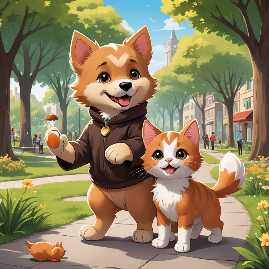 a cartoon dog and cat are standing on a sidewalk in a park with trees and flowers in the background, sots art, concept art, Chris LaBrooy, official art