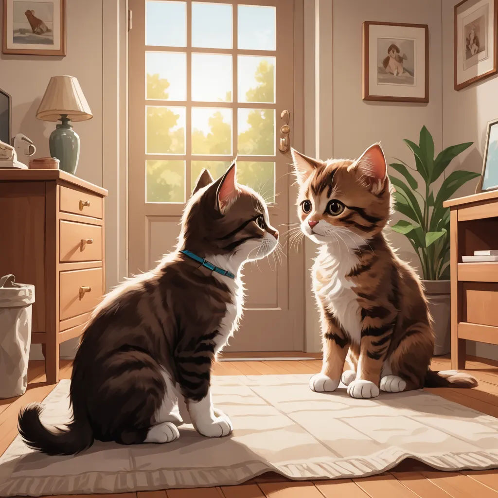 a cat sitting on a rug next to another cat on a rug in a room with a window and a dresser, sots art, a storybook illustration, Chris LaBrooy, official art