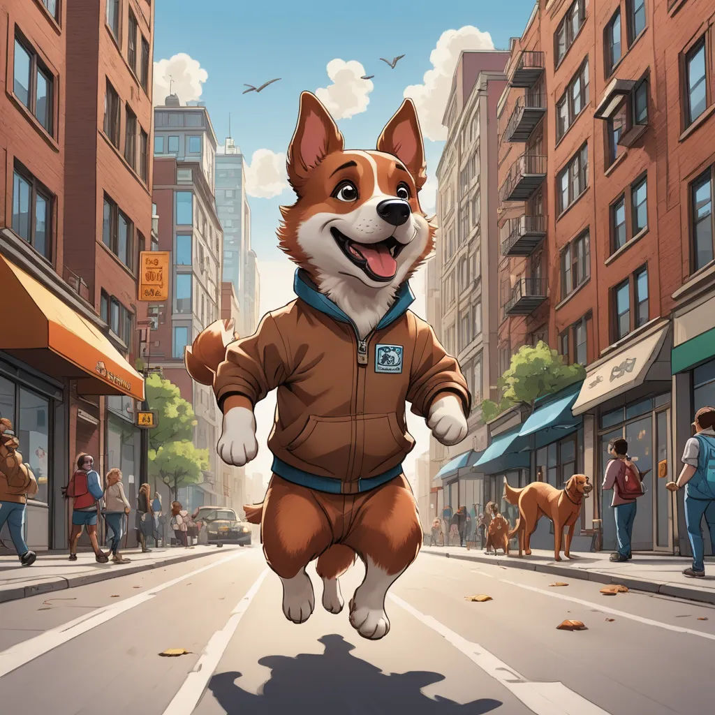 a dog is running down a city street in a sweater and pants with a blue collar and a blue collar, furry art, a comic book panel, Chris LaBrooy, official art