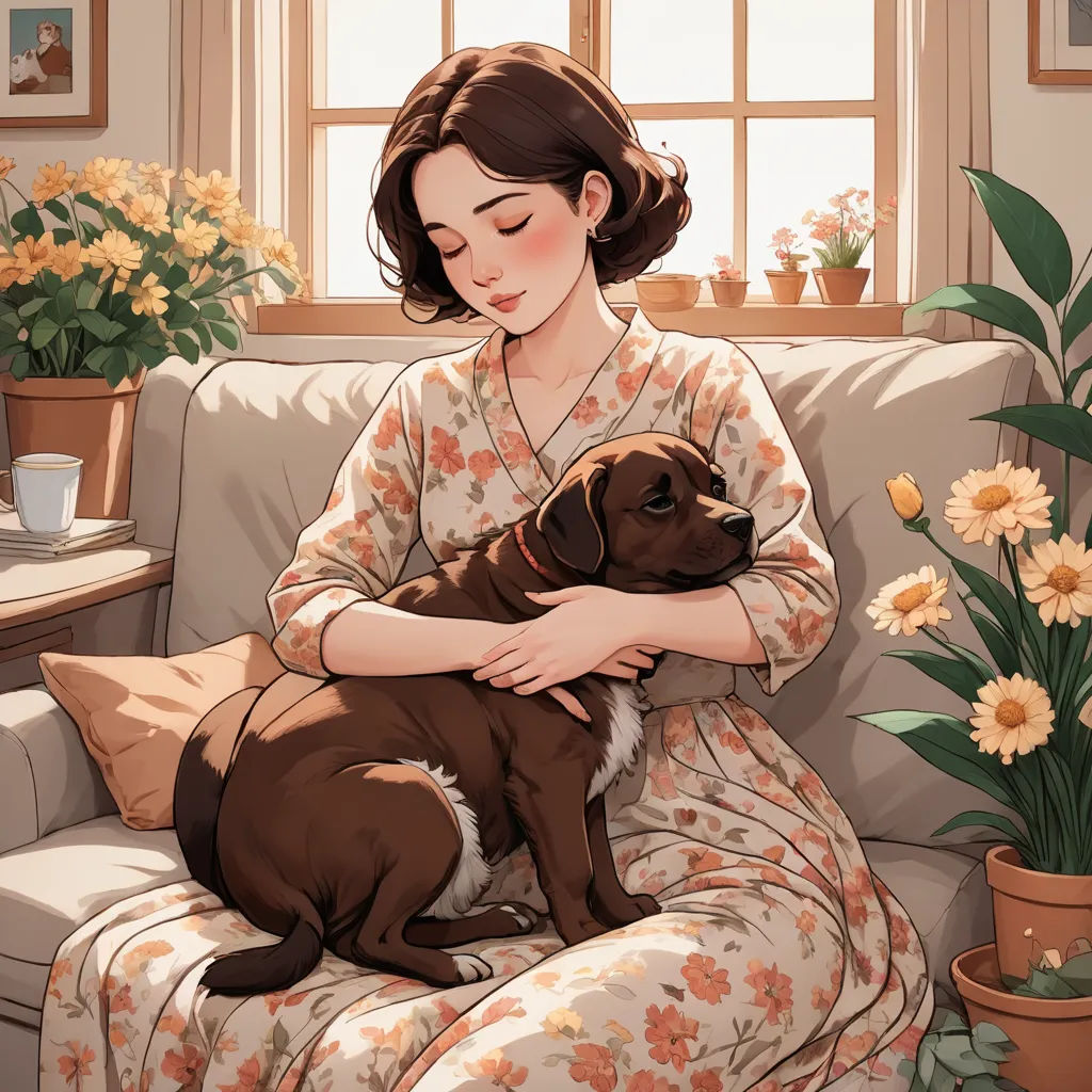 a woman sitting on a couch holding a dog in her lap and a potted plant in the background, context art, a storybook illustration, Atey Ghailan, cushart krenz