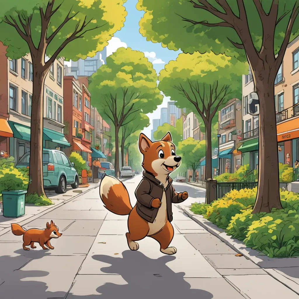 a cartoon of a dog running down a street with a squirrel nearby on a leash and a man walking a dog, furry art, a comic book panel, Chris LaBrooy, official art