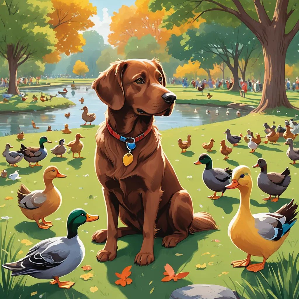 a dog sitting in the grass with ducks and ducks around him in a park setting with trees and grass, american scene painting, a storybook illustration, Chris LaBrooy, storybook illustration