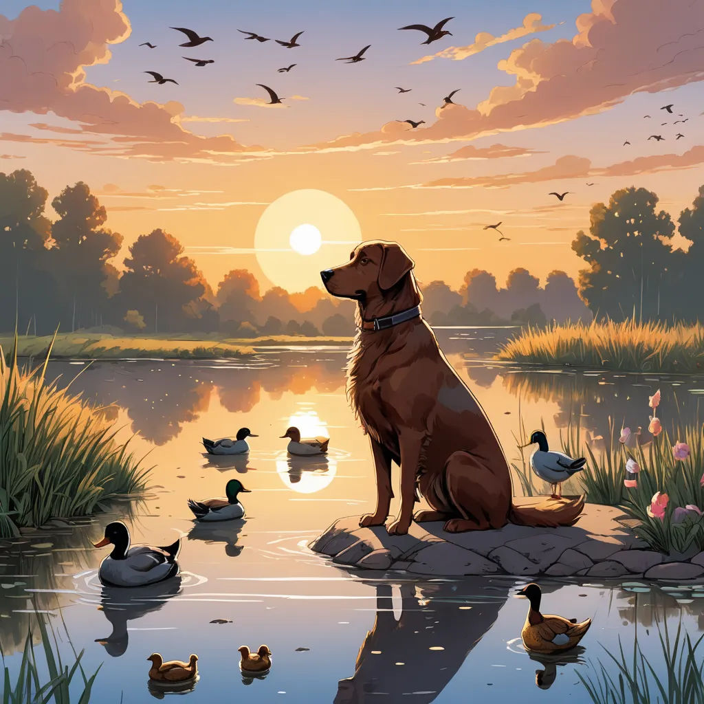a dog sitting on a rock in front of a lake with ducks and ducks in the water at sunset, furry art, a storybook illustration, Dan Mumford, comic cover art