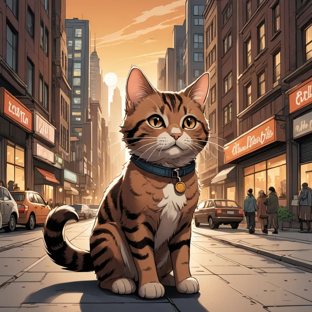 a cat sitting on a city street with a cityscape in the background and a person walking by, furry art, a comic book panel, Chip Zdarsky, comic cover art