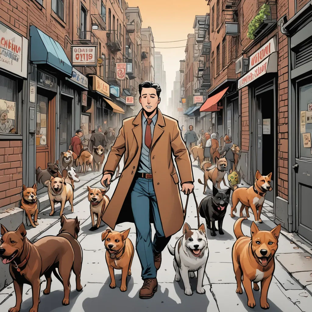 a man walking down a street with lots of dogs on a leash behind him and a man in a coat and tie, furry art, a comic book panel, Asaf Hanuka, comic cover art