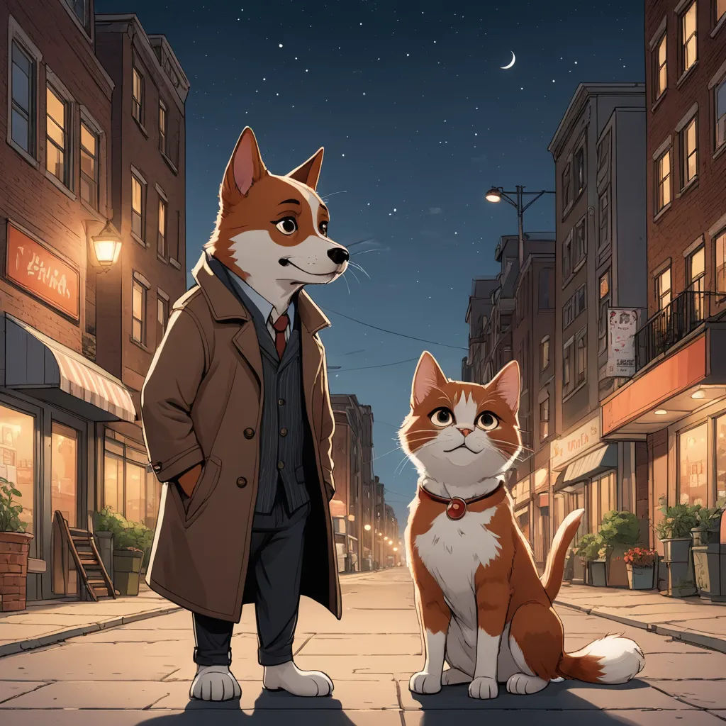 a man standing next to a cat on a sidewalk at night time with a full moon in the sky, furry art, a comic book panel, Bourgeois, official art