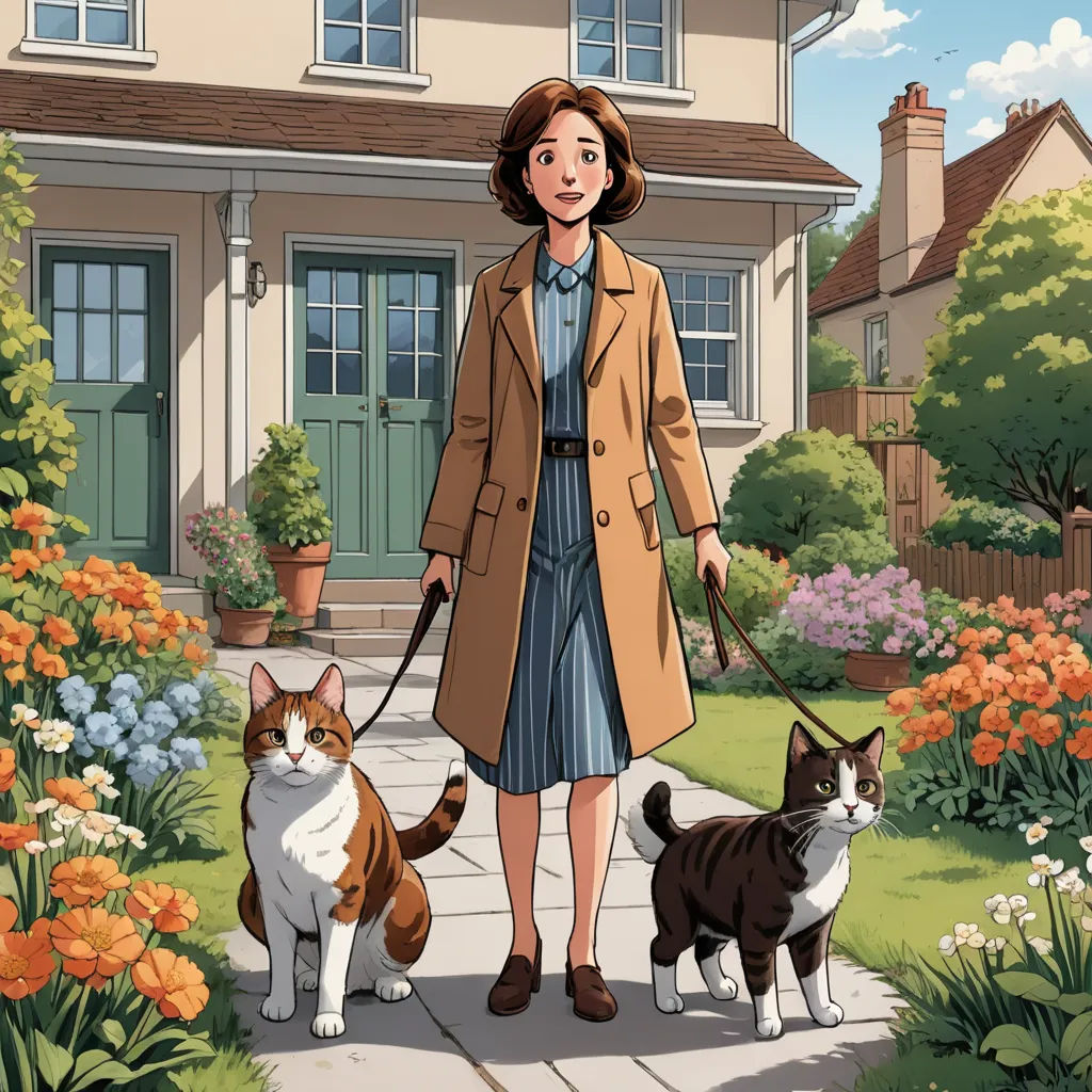 a woman walking two cats on a leash in front of a house with a cat on a leash in front of her, sots art, a comic book panel, Eileen Aldridge, official art