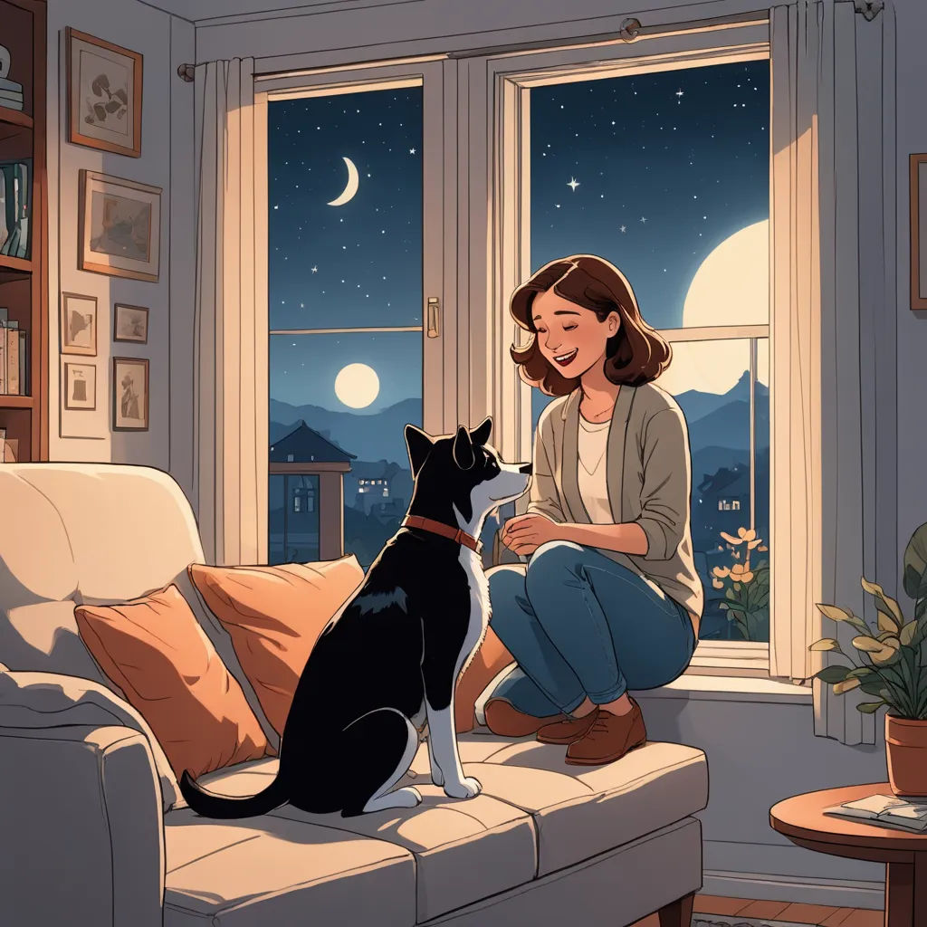 a woman sitting on a couch with a dog looking out the window at the moon and stars outside of the window, space art, a comic book panel, Atey Ghailan, storybook illustration