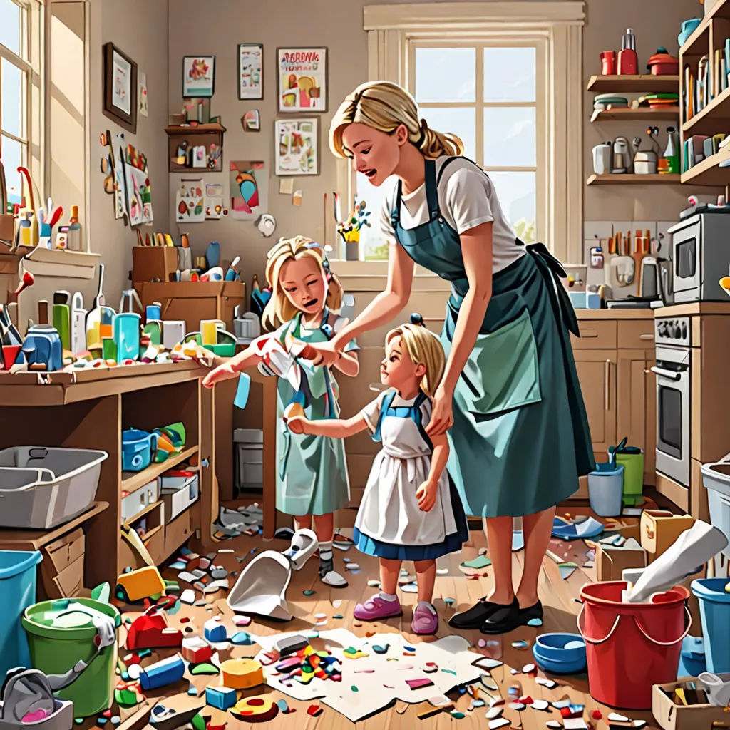 a woman and two children are playing in a messy kitchen with toys all around them and a woman is holding a child's hand, american scene painting, a storybook illustration, Bob Byerley, highly detailed digital painting