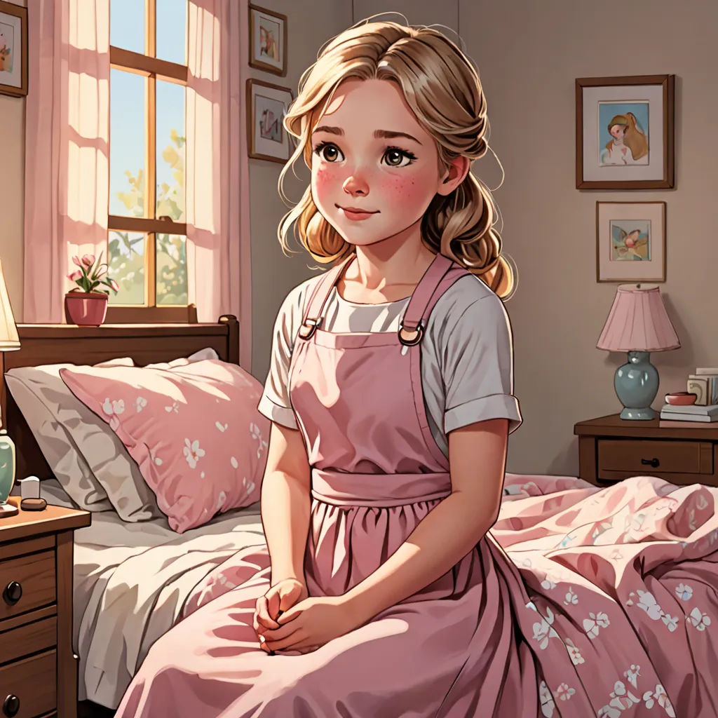 a painting of a girl sitting on a bed in a bedroom with a pink dress and a pink lamp, american scene painting, a storybook illustration, Constance Gordon-Cumming, cgstudio