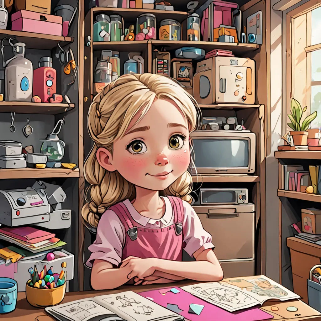 a girl sitting at a table in a room with a bookcase and a window with a view of the kitchen, photorealism, a storybook illustration, artist, art station