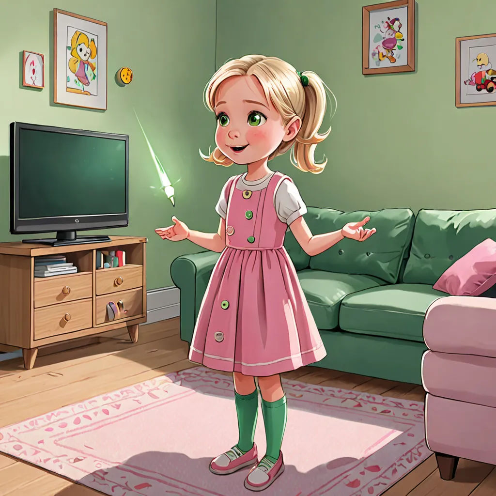 a cartoon girl in a pink dress standing in a living room with a green couch and a pink rug, nuclear art, a storybook illustration, Caroline Lucy Scott, promotional image