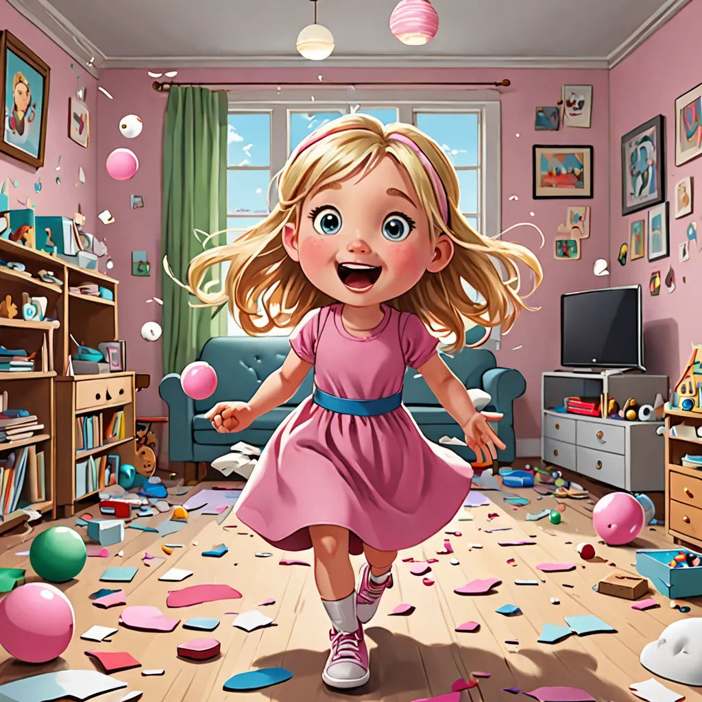 a girl in a pink dress is running through a room with confetti on the floor and balloons, photorealism, a storybook illustration, Chris LaBrooy, rossdraws global illumination