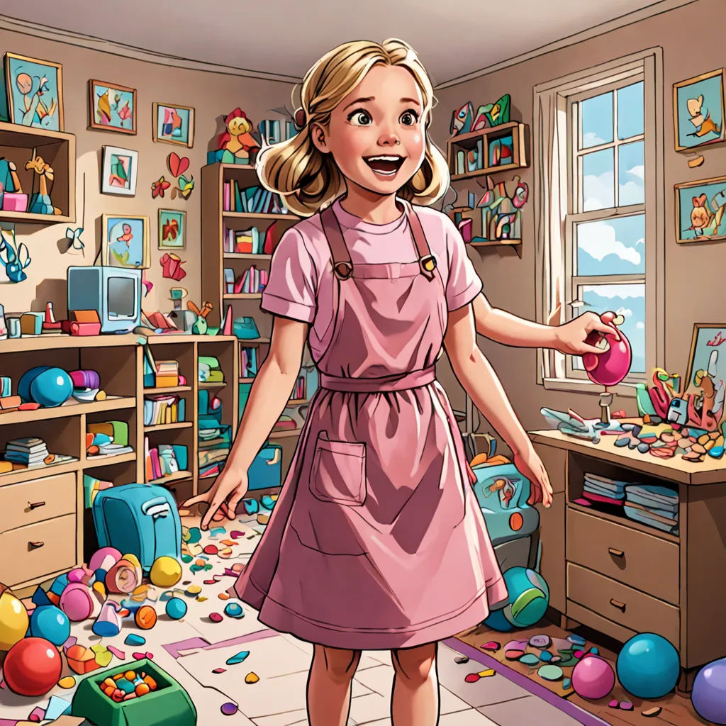 a girl in a room with toys and a window with a view of the room full of toys and toys, american scene painting, a storybook illustration, artist, highly detailed digital painting