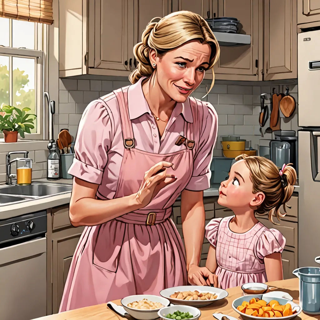 a woman and a little girl are in the kitchen cooking together, and one is looking at the other, american realism, a storybook illustration, F. Scott Hess, high detail illustration