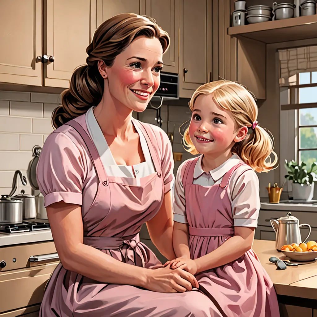 a painting of a mother and daughter in the kitchen together, sitting on a counter top, smiling at the camera, american realism, a storybook illustration, Andrew Loomis, storybook illustration