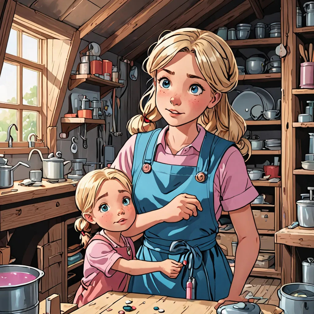a woman and a child are in a kitchen together, one is holding a knife and the other is looking at the camera, arts and crafts movement, a storybook illustration, Anne Said, storybook illustration