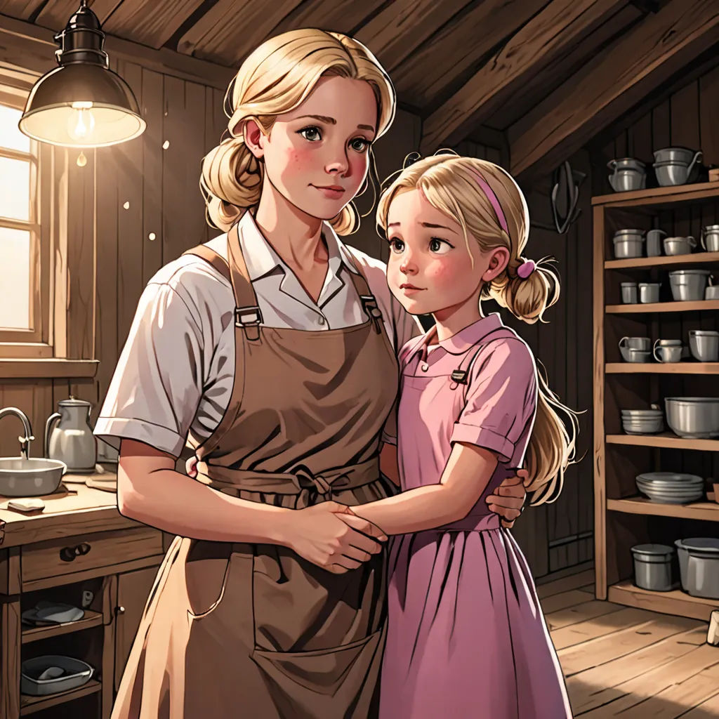 a woman and a girl standing in a kitchen together, with a light on above them and a shelf of dishes behind them, remodernism, a storybook illustration, Anne Said, comic cover art