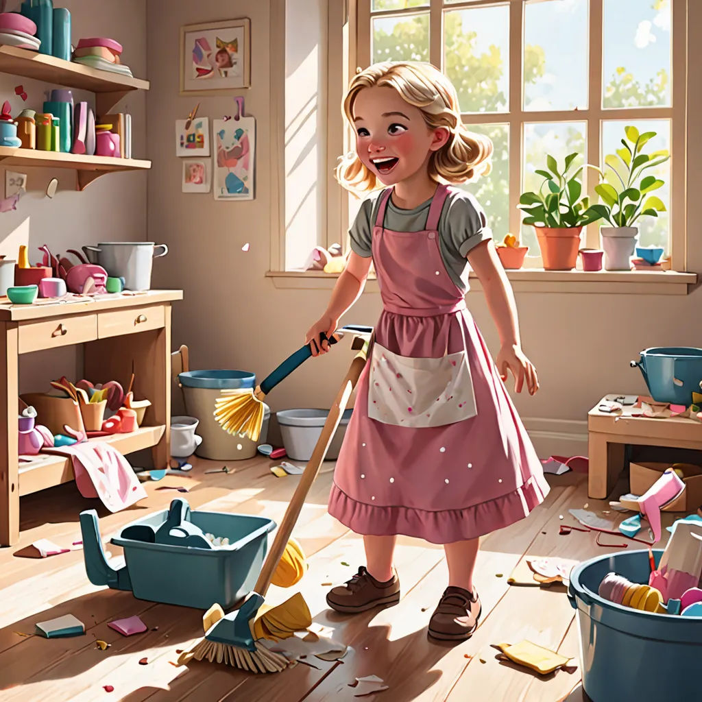 a little girl cleaning the floor with a broom and mop in a messy room with a potted plant, american scene painting, a storybook illustration, Chris LaBrooy, highly detailed digital painting