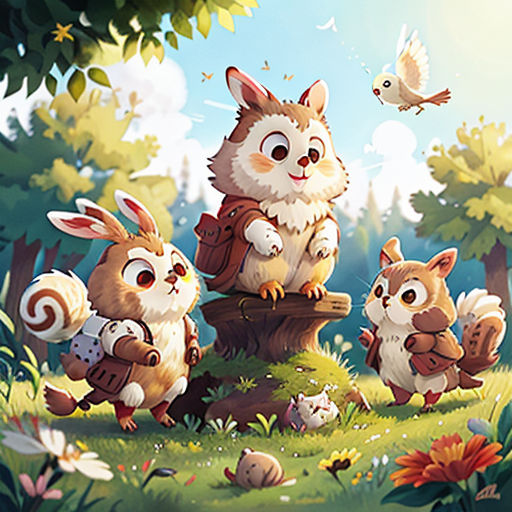a group of animals standing on top of a lush green field next to trees and flowers on a sunny day