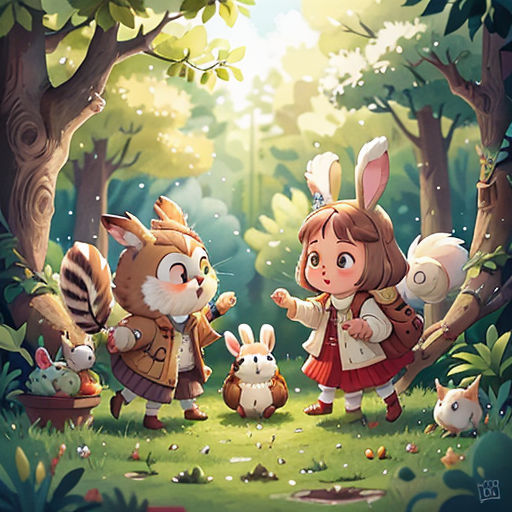 a painting of a girl and two rabbits in a forest with a cat and a squirrel on the ground